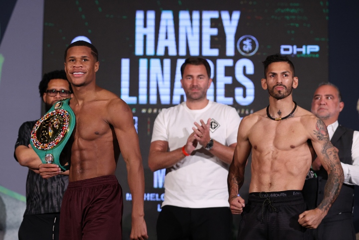 Devin Haney-Jorge Linares weigh-in results from Mandalay Bay in Las Vegas. Foto